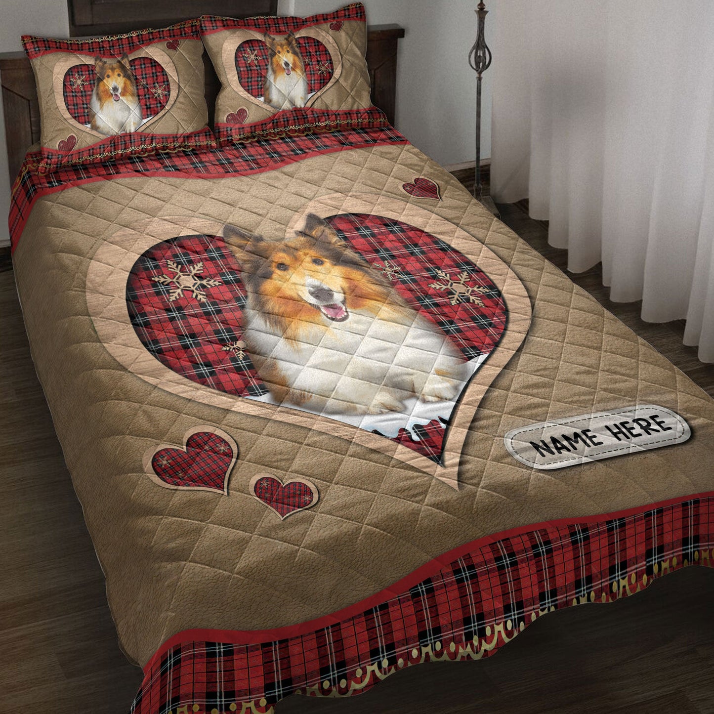 Personalized Rough Collie Quilt Set, Rough Colliemas Heart Red Plaid Quilt Blanket With Pillowcases, Custom Name Quilt Bedding Set, Christmas Gift