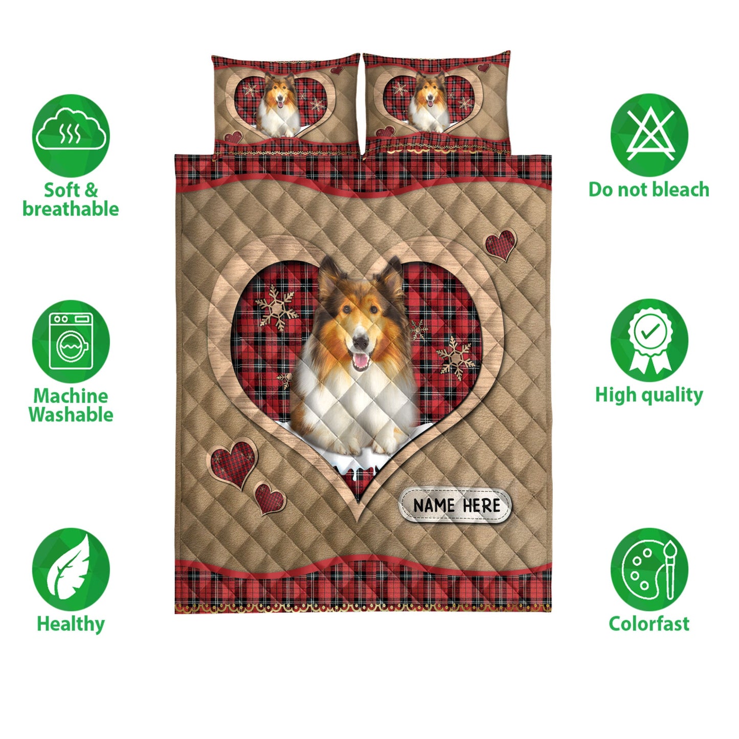 Personalized Rough Collie Quilt Set, Rough Colliemas Heart Red Plaid Quilt Blanket With Pillowcases, Custom Name Quilt Bedding Set, Christmas Gift
