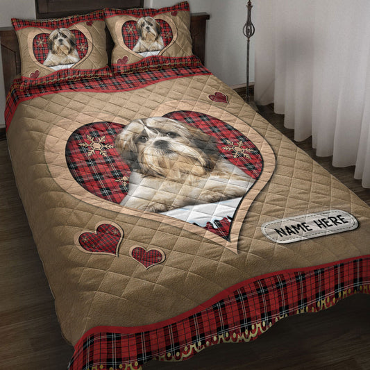 Personalized Shih Tzu Quilt Set, Shih Tzumas Heart Red Plaid Quilt Blanket With Pillowcases, Custom Name Quilt Bedding Set, Christmas Gift
