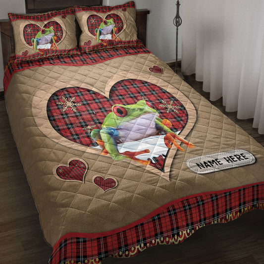 Personalized Frog Quilt Set, Frogmas Heart Red Plaid Quilt Blanket With Pillowcases, Custom Name Quilt Bedding Set, Christmas Gift