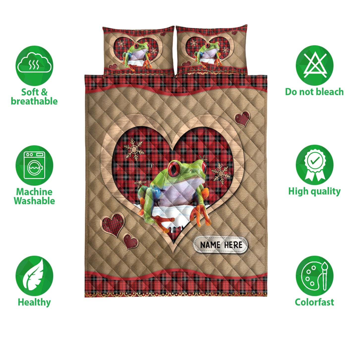 Personalized Frog Quilt Set, Frogmas Heart Red Plaid Quilt Blanket With Pillowcases, Custom Name Quilt Bedding Set, Christmas Gift