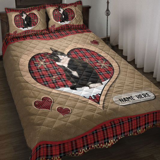 Personalized Tuxedo Cat Quilt Set, Tuxedo Catmas Heart Red Plaid Quilt Blanket With Pillowcases, Custom Name Quilt Bedding Set, Christmas Gift