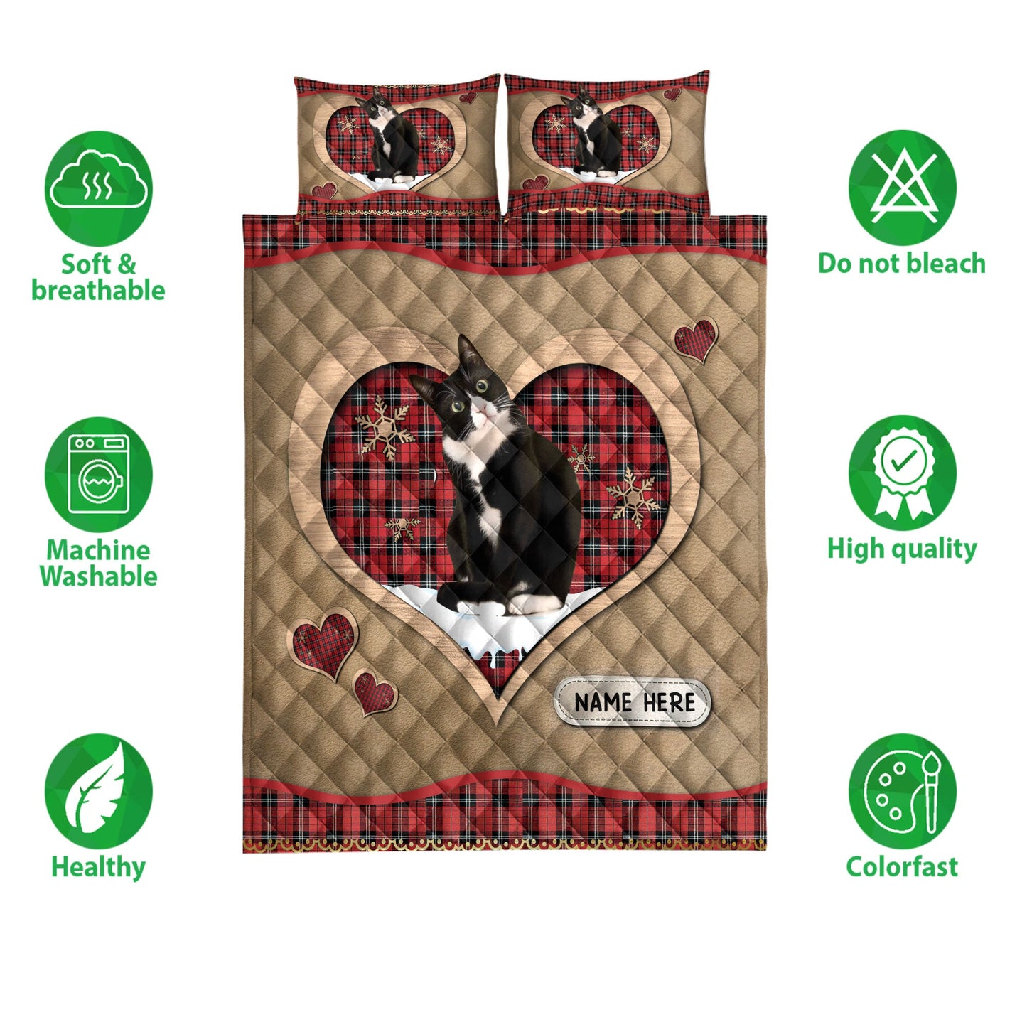 Personalized Tuxedo Cat Quilt Set, Tuxedo Catmas Heart Red Plaid Quilt Blanket With Pillowcases, Custom Name Quilt Bedding Set, Christmas Gift
