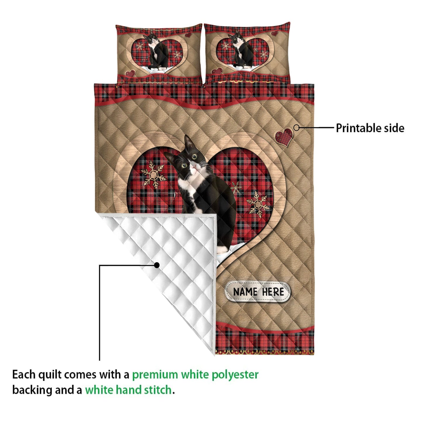 Personalized Tuxedo Cat Quilt Set, Tuxedo Catmas Heart Red Plaid Quilt Blanket With Pillowcases, Custom Name Quilt Bedding Set, Christmas Gift