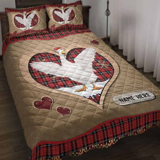 Personalized Duck Quilt Set, Duckmas Heart Red Plaid Quilt Blanket With Pillowcases, Custom Name Quilt Bedding Set, Christmas Gift