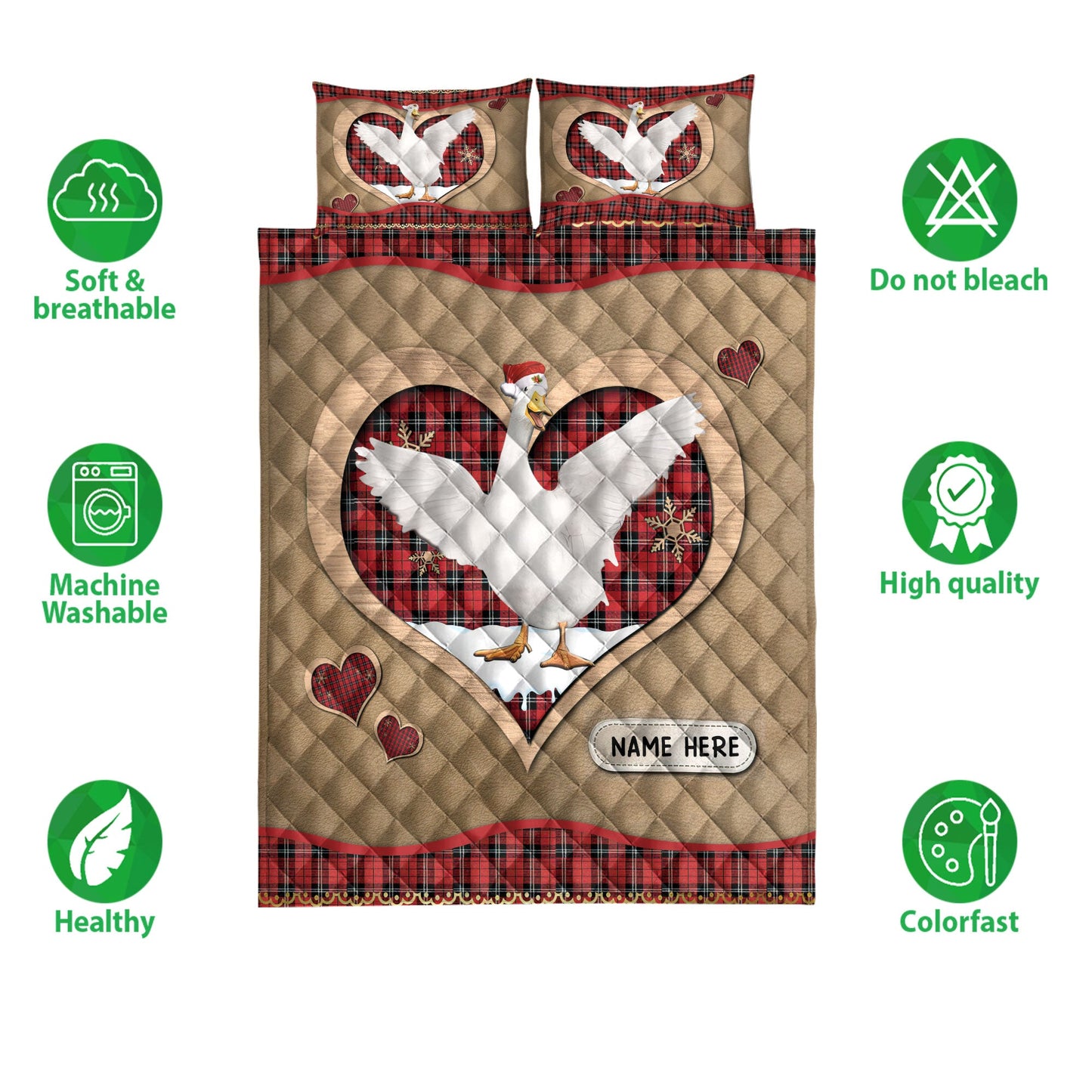 Personalized Duck Quilt Set, Duckmas Heart Red Plaid Quilt Blanket With Pillowcases, Custom Name Quilt Bedding Set, Christmas Gift