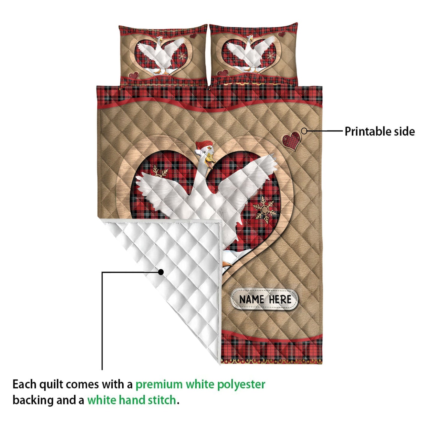 Personalized Duck Quilt Set, Duckmas Heart Red Plaid Quilt Blanket With Pillowcases, Custom Name Quilt Bedding Set, Christmas Gift