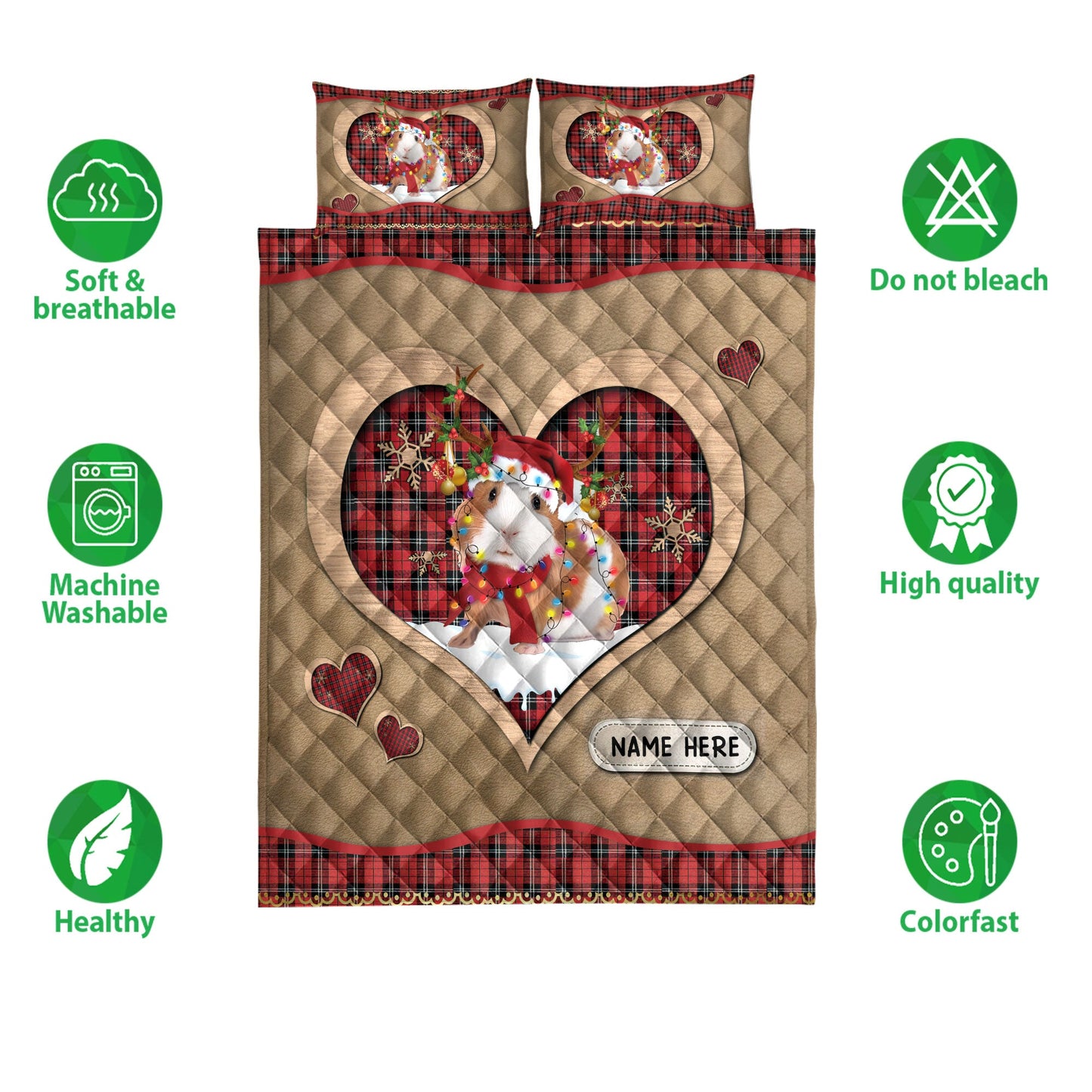 Personalized Guinea Pig Quilt Set, Guinea Pigmas Heart Red Plaid Quilt Blanket With Pillowcases, Custom Name Quilt Bedding Set, Christmas Gift