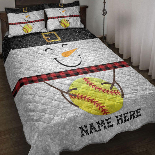Softball Quilt Set, Funny Snowman Bringmas Softball Glitter Buffalo Plaid Quilt Blanket With Pillowcases, Quilt Bedding Set, Christmas Gift