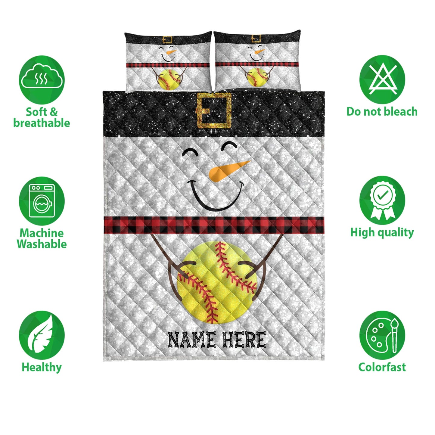Softball Quilt Set, Funny Snowman Bringmas Softball Glitter Buffalo Plaid Quilt Blanket With Pillowcases, Quilt Bedding Set, Christmas Gift