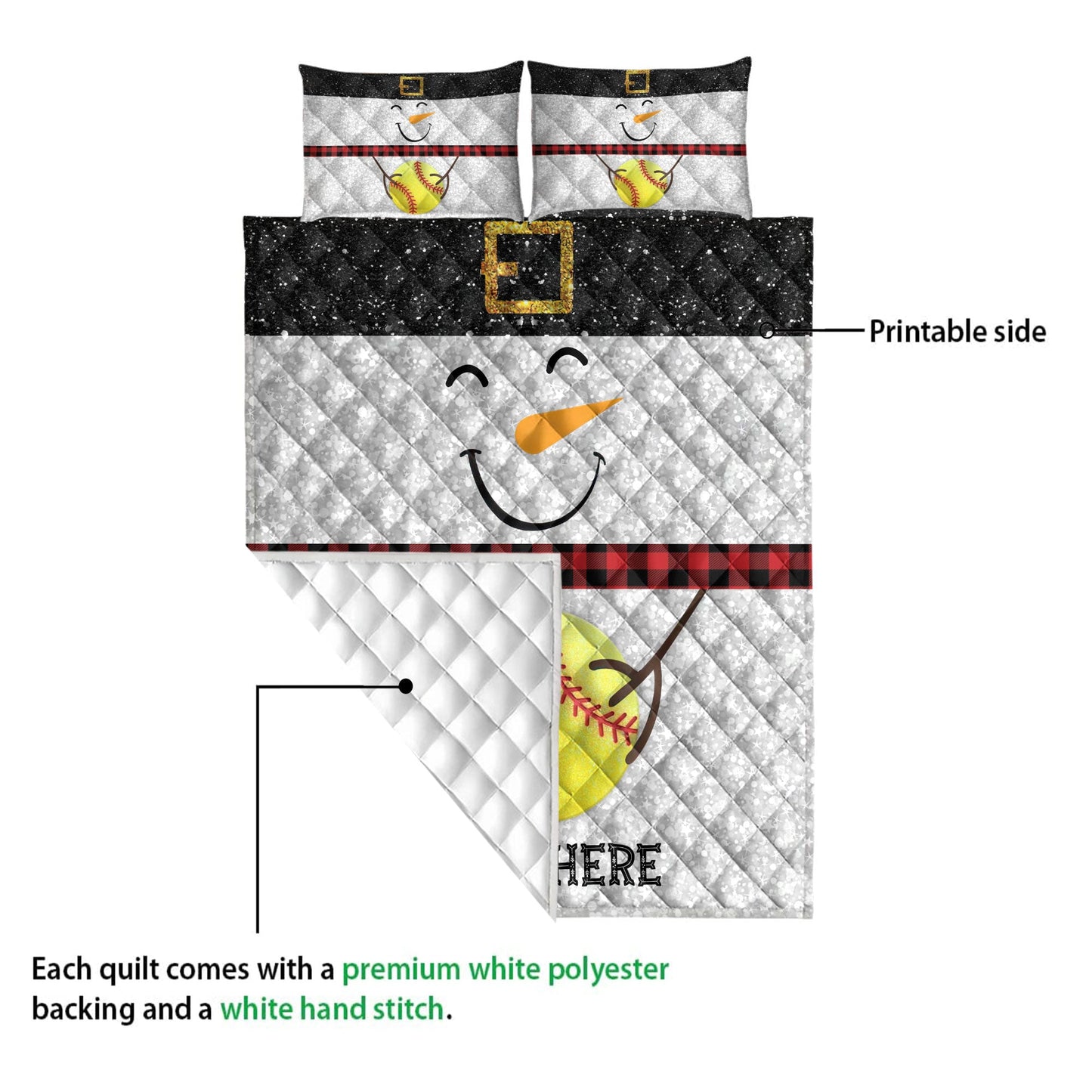 Softball Quilt Set, Funny Snowman Bringmas Softball Glitter Buffalo Plaid Quilt Blanket With Pillowcases, Quilt Bedding Set, Christmas Gift