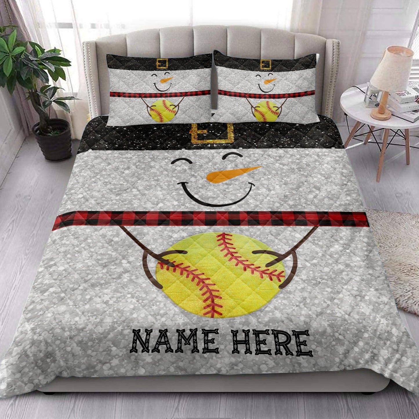 Softball Quilt Set, Funny Snowman Bringmas Softball Glitter Buffalo Plaid Quilt Blanket With Pillowcases, Quilt Bedding Set, Christmas Gift