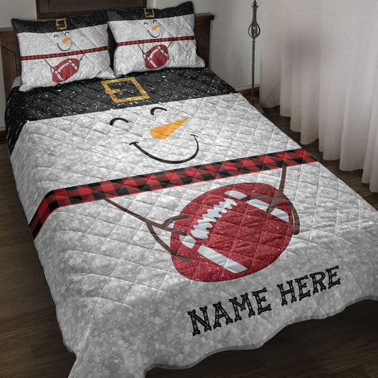 Football Quilt Set, Funny Snowman Bringmas Football Glitter Buffalo Plaid Quilt Blanket With Pillowcases, Quilt Bedding Set, Christmas Gift