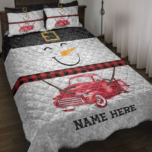 Christmas Quilt Set, Funny Snowman Bringmas Red Truck Glitter Buffalo Plaid Quilt Blanket With Pillowcases, Quilt Bedding Set, Christmas Gift