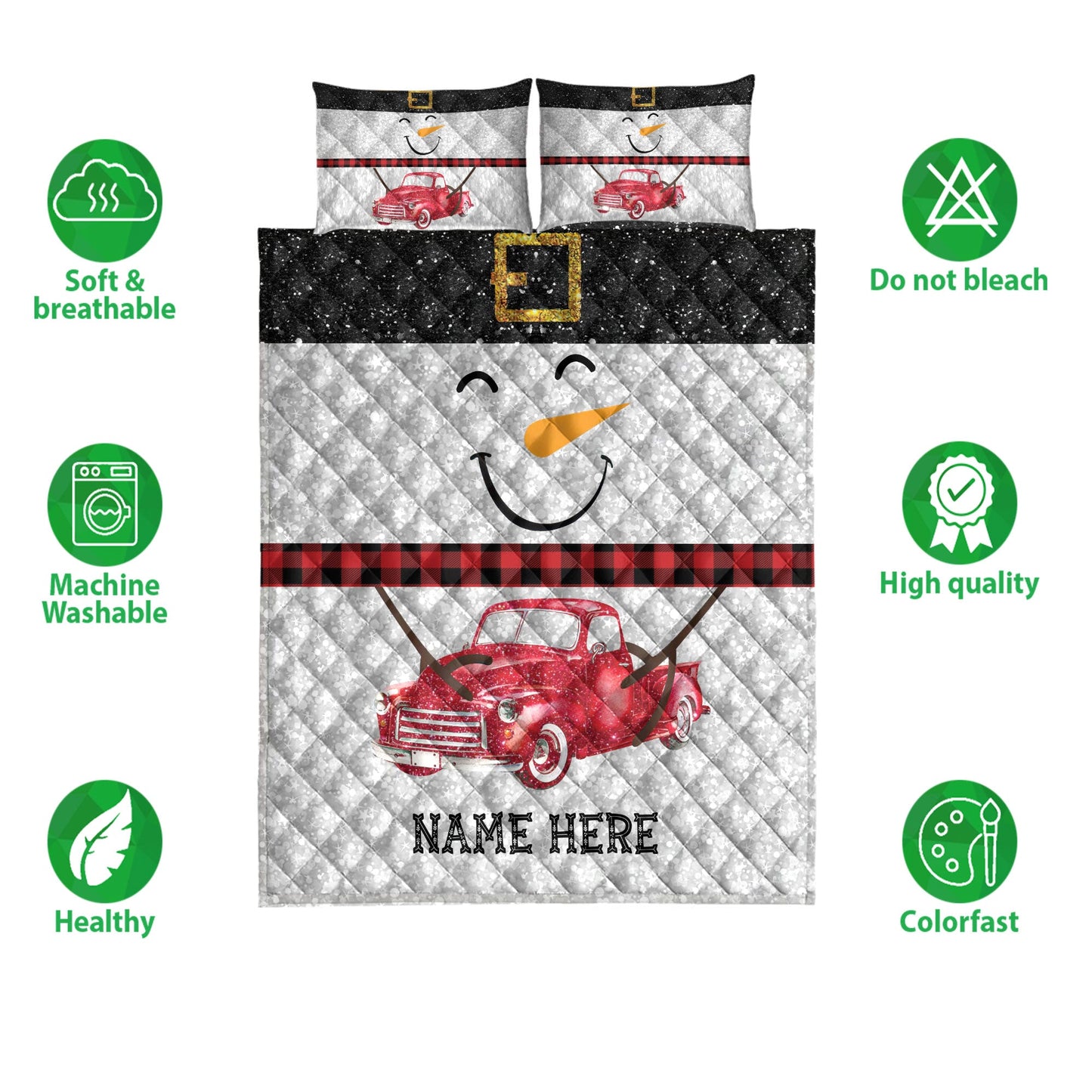 Christmas Quilt Set, Funny Snowman Bringmas Red Truck Glitter Buffalo Plaid Quilt Blanket With Pillowcases, Quilt Bedding Set, Christmas Gift