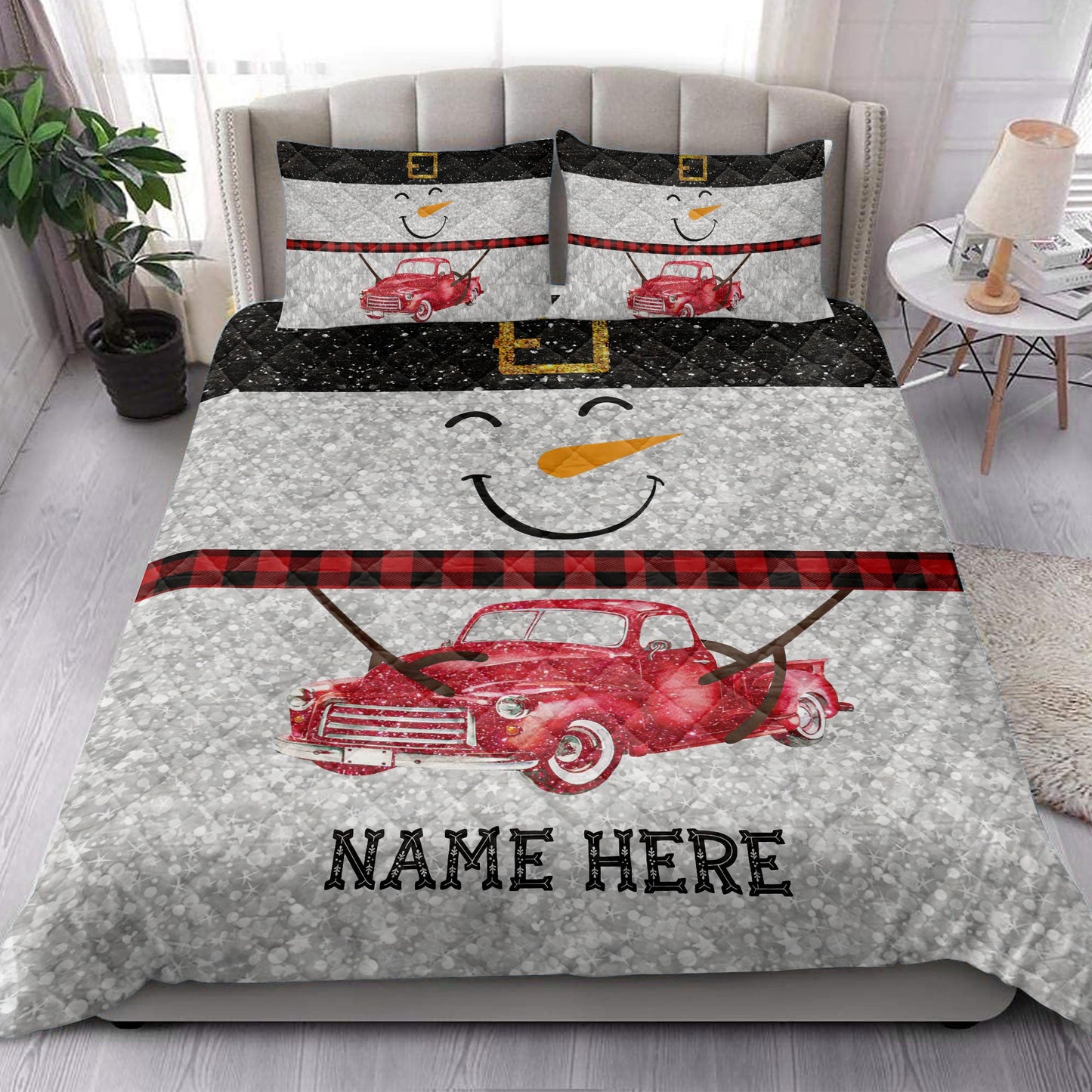 Christmas Quilt Set, Funny Snowman Bringmas Red Truck Glitter Buffalo Plaid Quilt Blanket With Pillowcases, Quilt Bedding Set, Christmas Gift