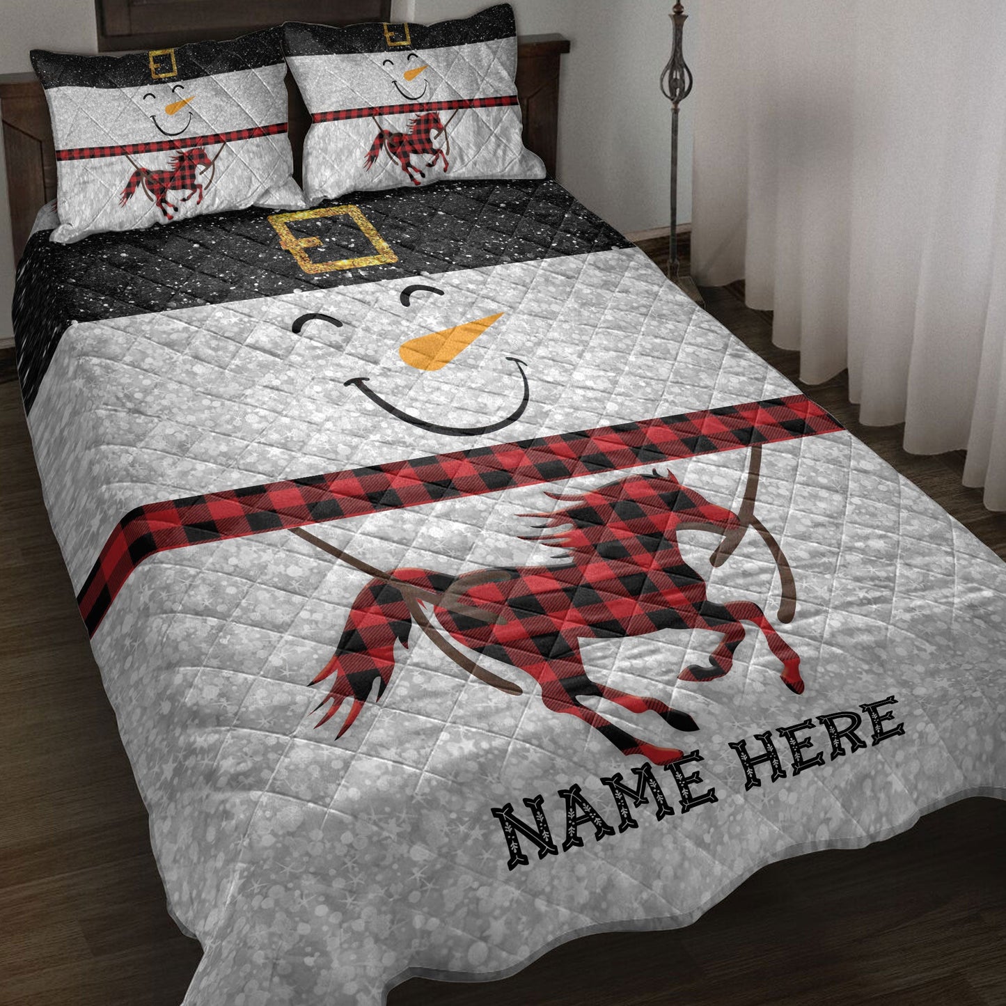 Horse Quilt Set, Funny Snowman Bringmas Horse Glitter Red Buffalo Plaid Quilt Blanket With Pillowcases, Quilt Bedding Set, Christmas Gift
