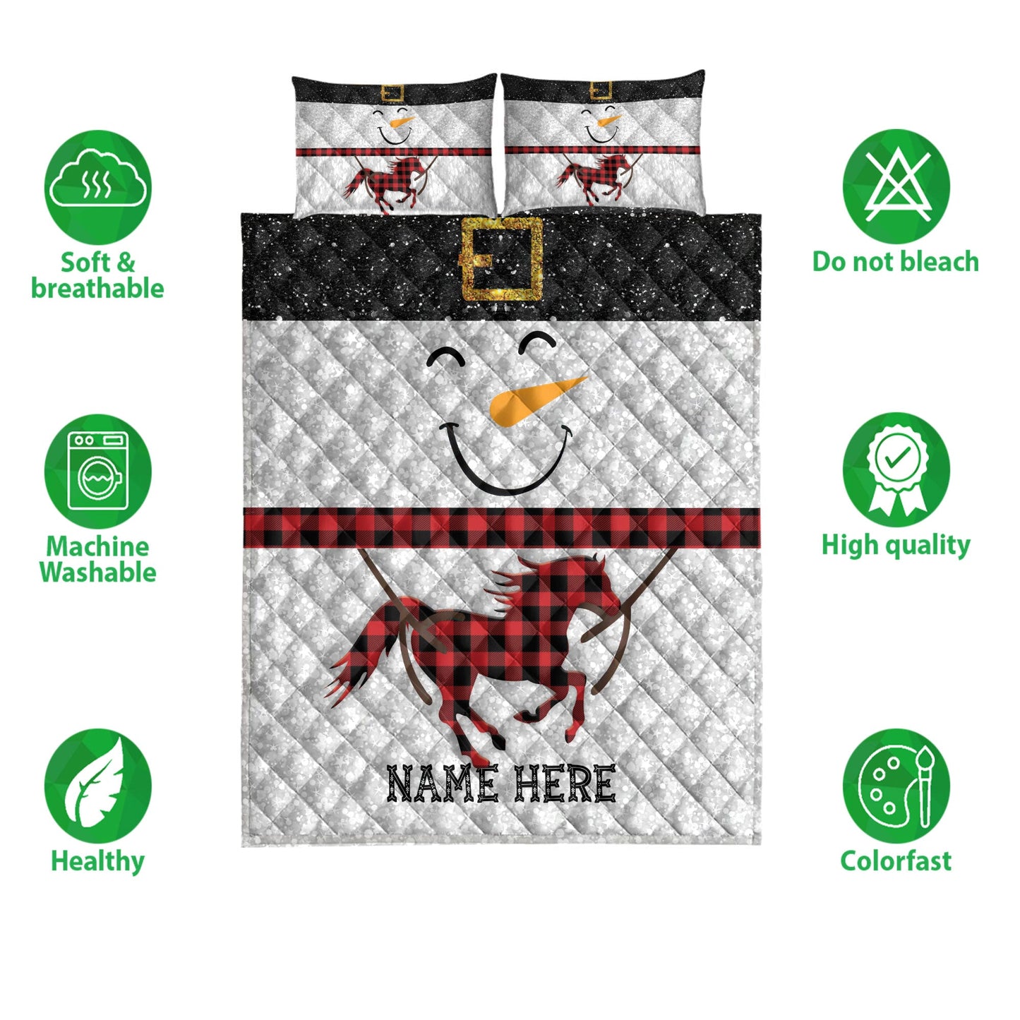 Horse Quilt Set, Funny Snowman Bringmas Horse Glitter Red Buffalo Plaid Quilt Blanket With Pillowcases, Quilt Bedding Set, Christmas Gift