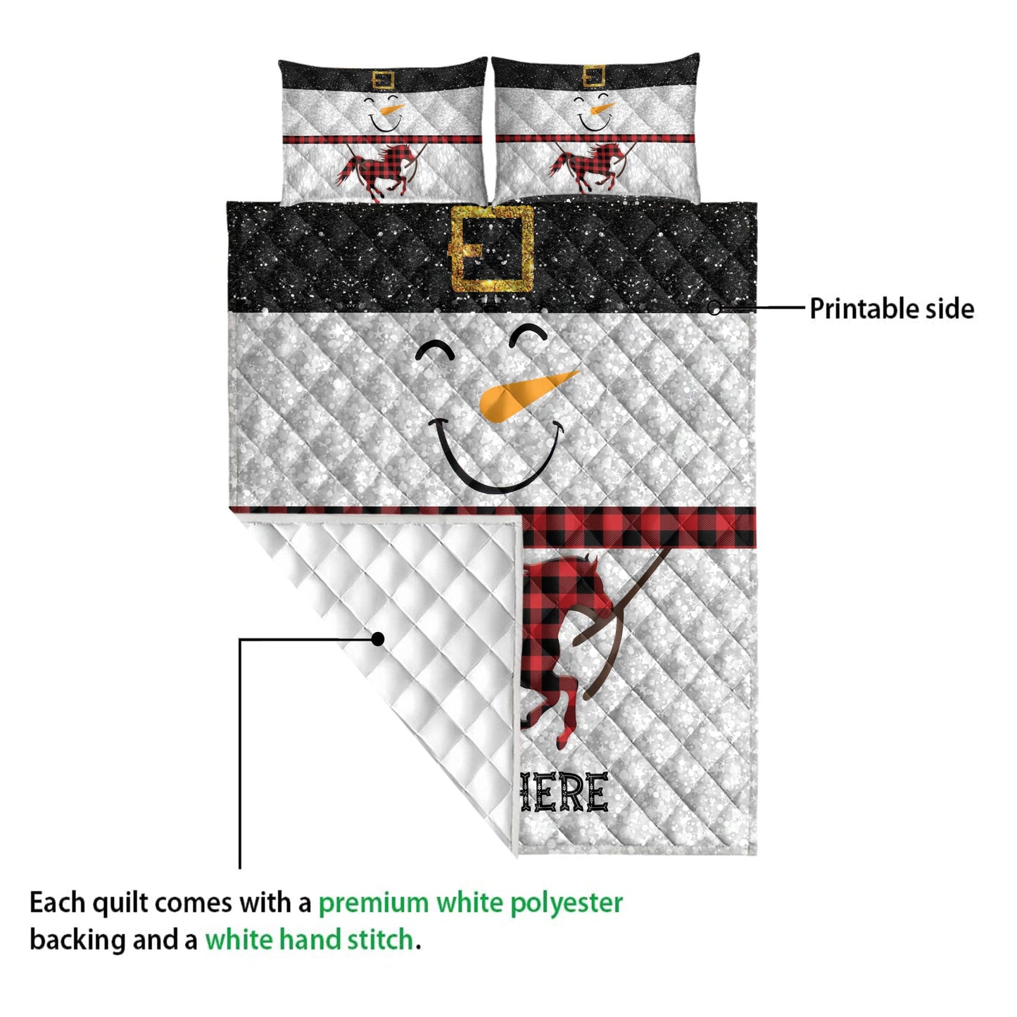 Horse Quilt Set, Funny Snowman Bringmas Horse Glitter Red Buffalo Plaid Quilt Blanket With Pillowcases, Quilt Bedding Set, Christmas Gift