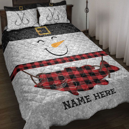 Fishing Quilt Set, Funny Snowman Bringmas Fishing Glitter Red Buffalo Plaid Quilt Blanket With Pillowcases, Quilt Bedding Set, Christmas Gift