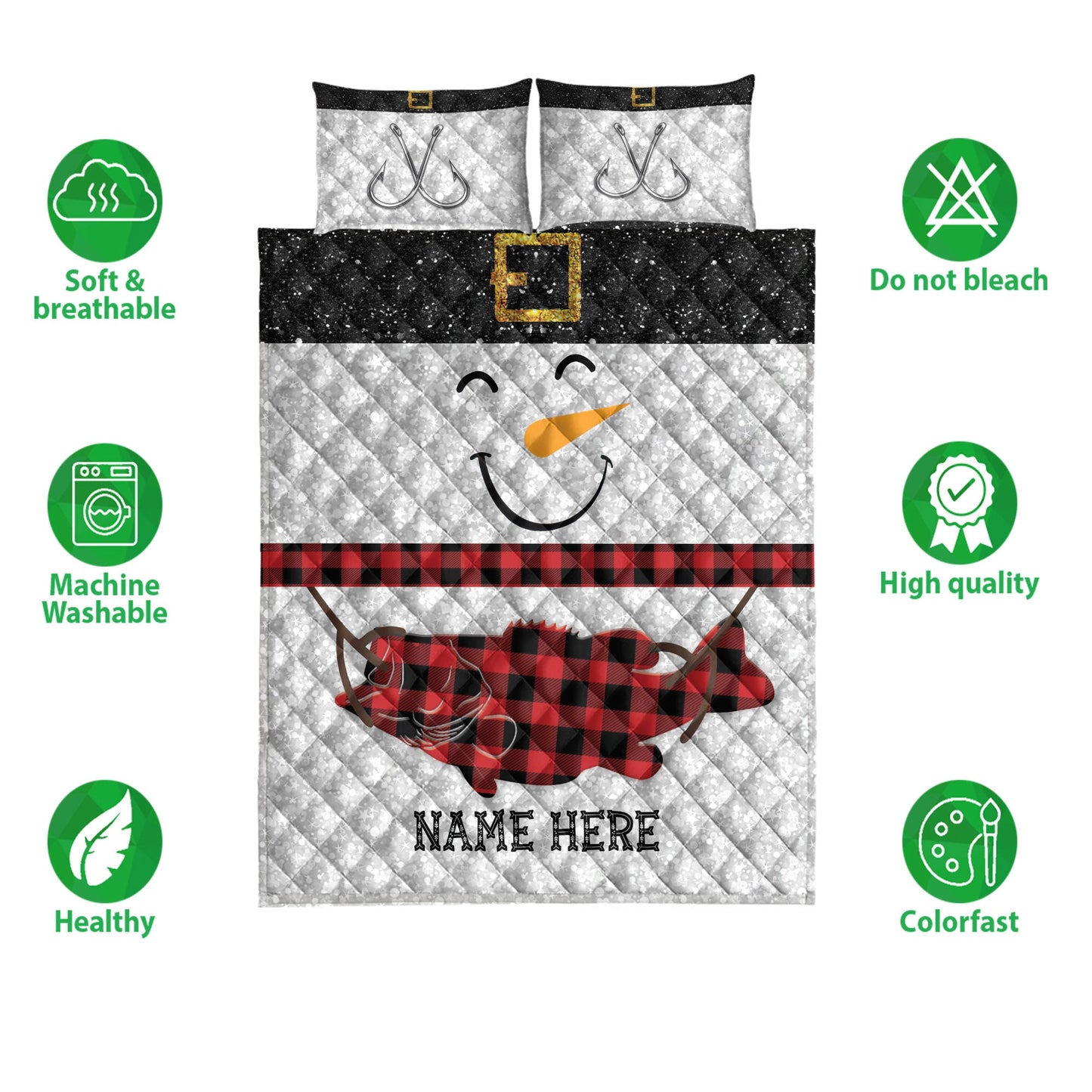 Fishing Quilt Set, Funny Snowman Bringmas Fishing Glitter Red Buffalo Plaid Quilt Blanket With Pillowcases, Quilt Bedding Set, Christmas Gift
