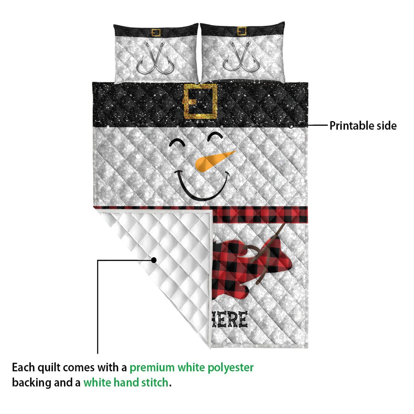 Fishing Quilt Set, Funny Snowman Bringmas Fishing Glitter Red Buffalo Plaid Quilt Blanket With Pillowcases, Quilt Bedding Set, Christmas Gift