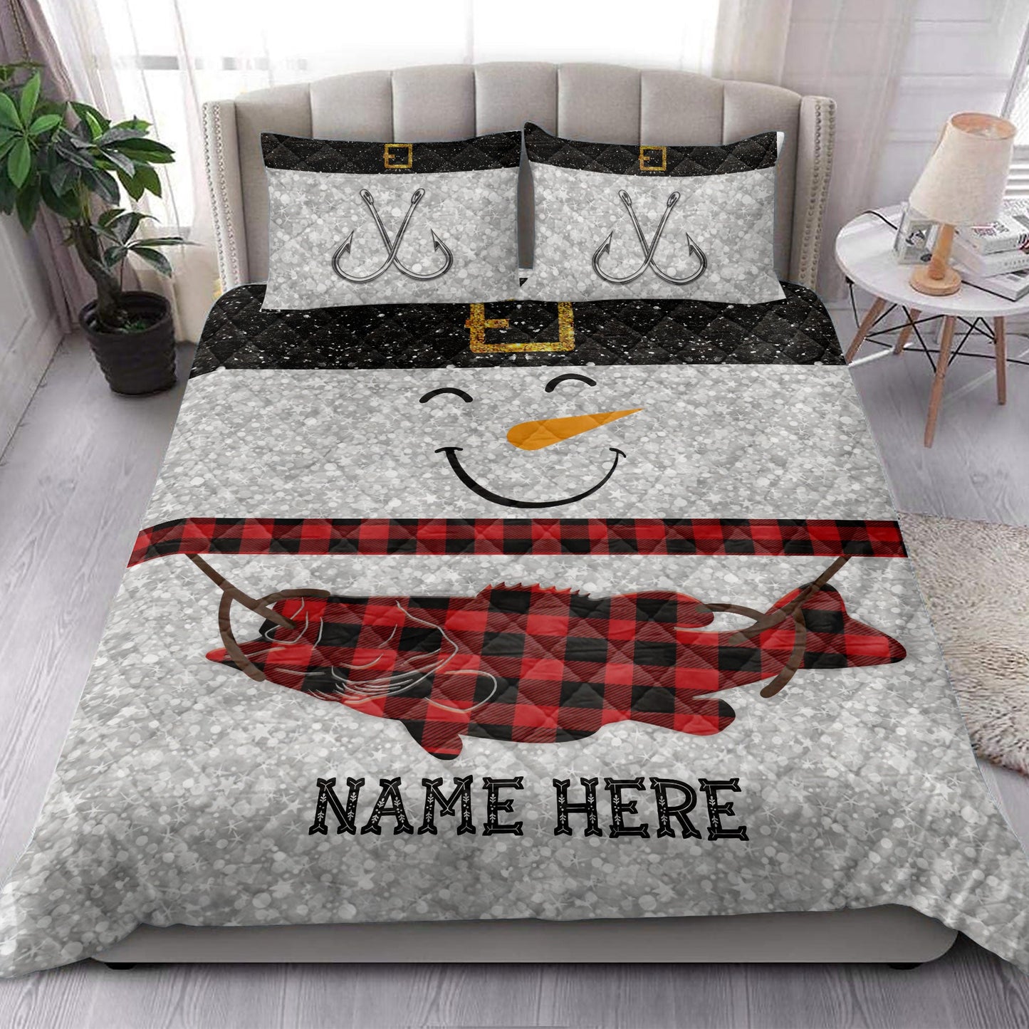 Fishing Quilt Set, Funny Snowman Bringmas Fishing Glitter Red Buffalo Plaid Quilt Blanket With Pillowcases, Quilt Bedding Set, Christmas Gift