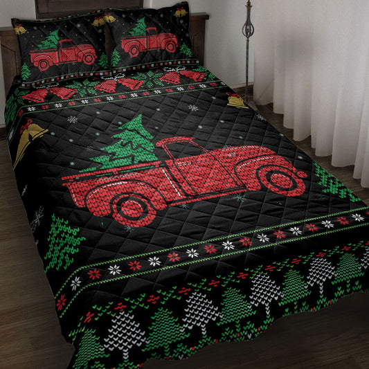 Christmas Quilt Set, Red Truck Withmas Tree Snowflake Bell Ugly Chrismas Quilt Blanket With Pillowcases, Quilt Bedding Set, Christmas Gift