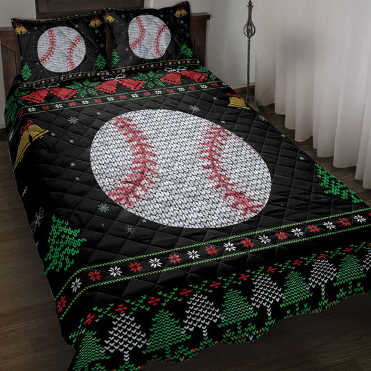 Baseball Quilt Set, Baseball Snowflake Bell Ugly Chrismas Quilt Blanket With Pillowcases, Quilt Bedding Set, Sports Gifts
