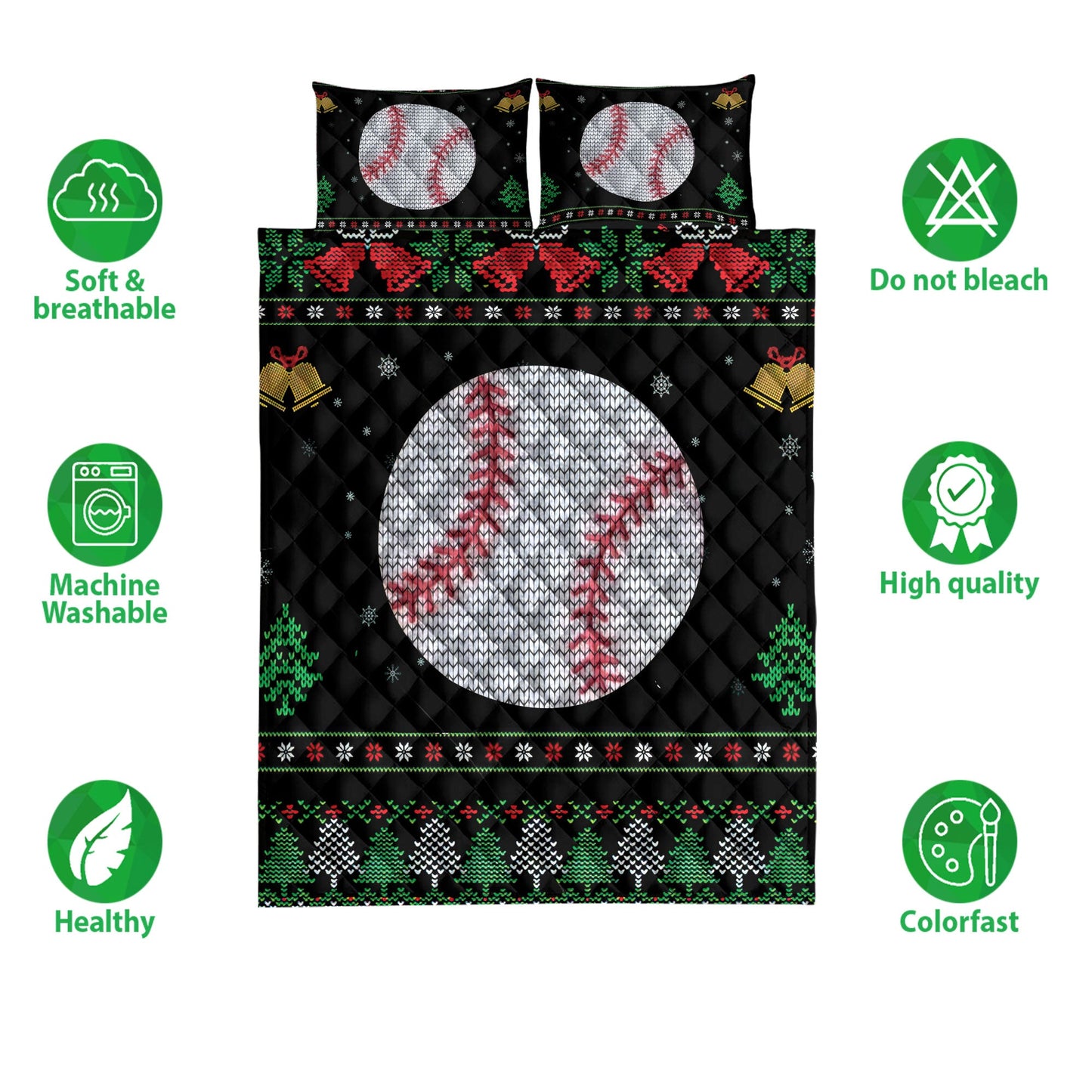 Baseball Quilt Set, Baseball Snowflake Bell Ugly Chrismas Quilt Blanket With Pillowcases, Quilt Bedding Set, Sports Gifts