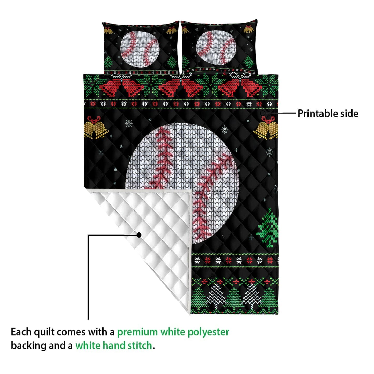 Baseball Quilt Set, Baseball Snowflake Bell Ugly Chrismas Quilt Blanket With Pillowcases, Quilt Bedding Set, Sports Gifts