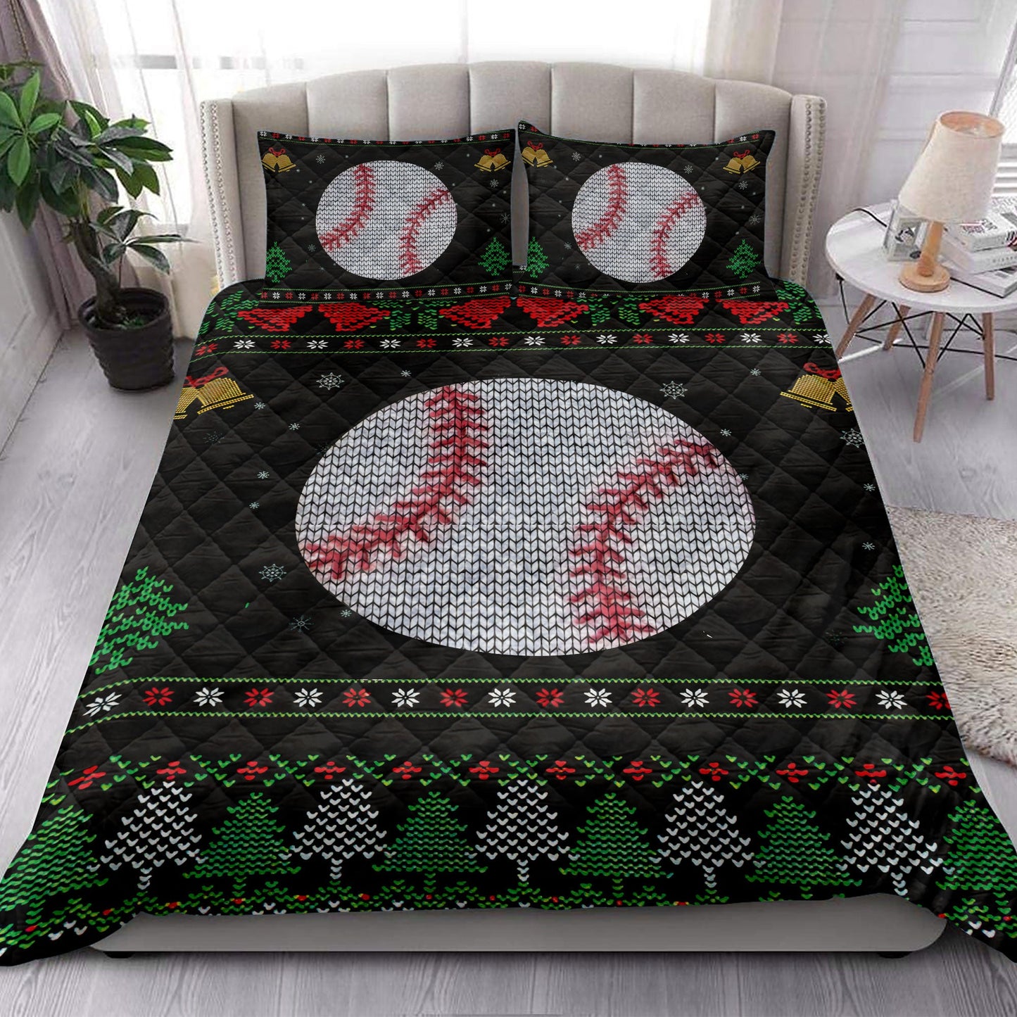Baseball Quilt Set, Baseball Snowflake Bell Ugly Chrismas Quilt Blanket With Pillowcases, Quilt Bedding Set, Sports Gifts