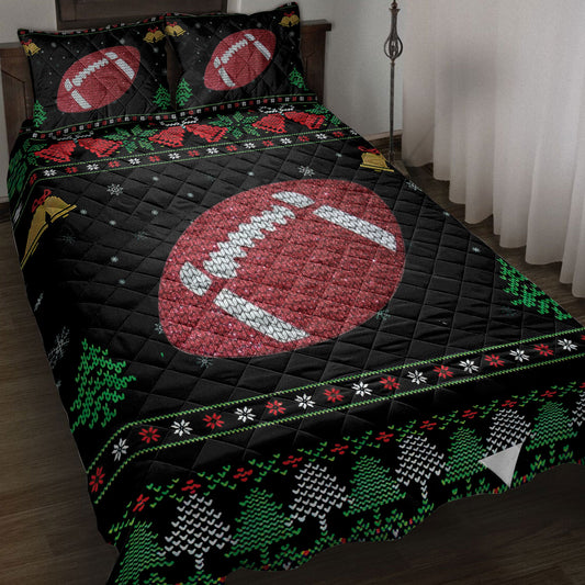 Football Quilt Set, Football Snowflake Bell Ugly Chrismas Football Quilt Blanket With Pillowcases, Quilt Bedding Set