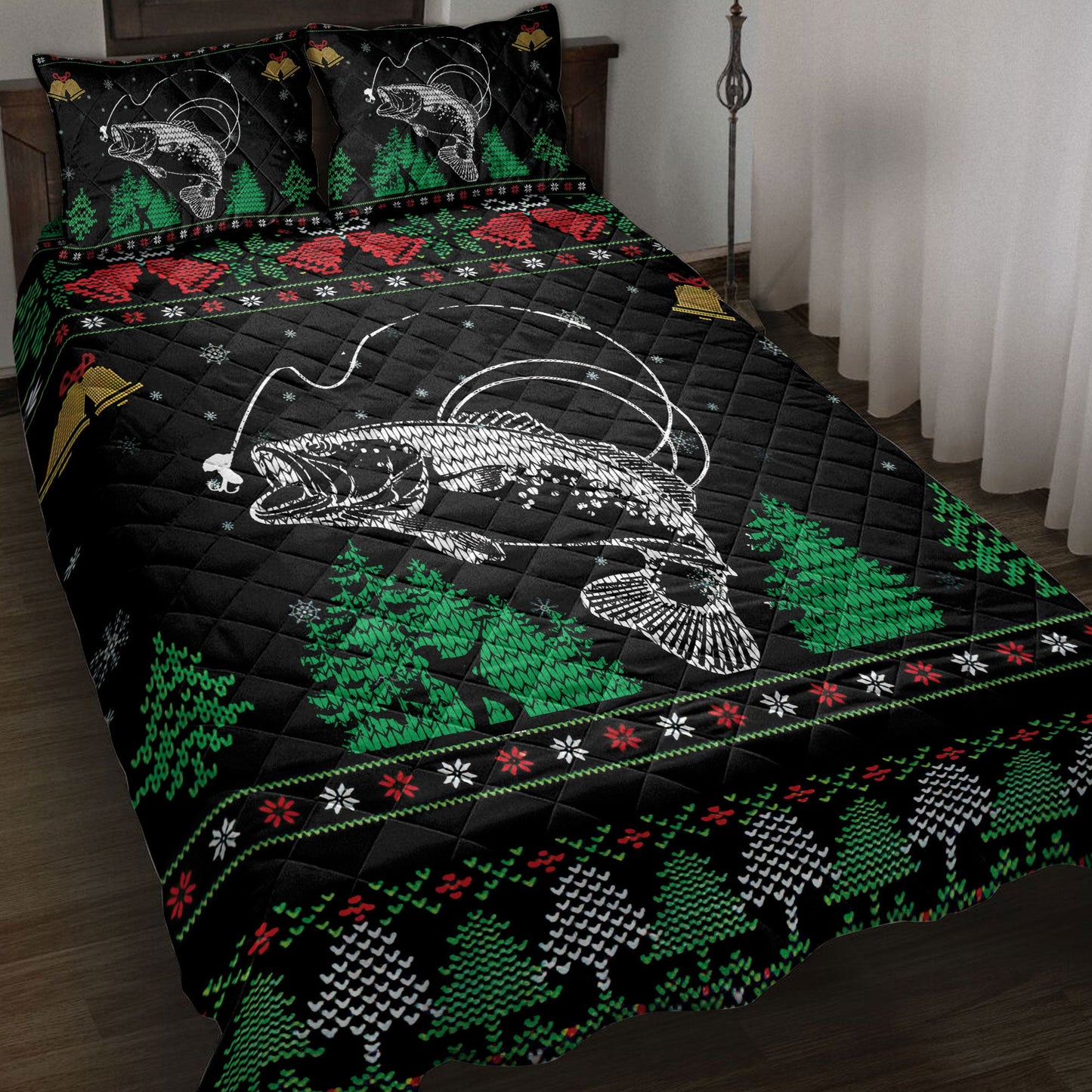 Fishing Quilt Set, Fishing Snowflake Bell Ugly Chrismas Quilt Blanket With Pillowcases, Quilt Bedding Set