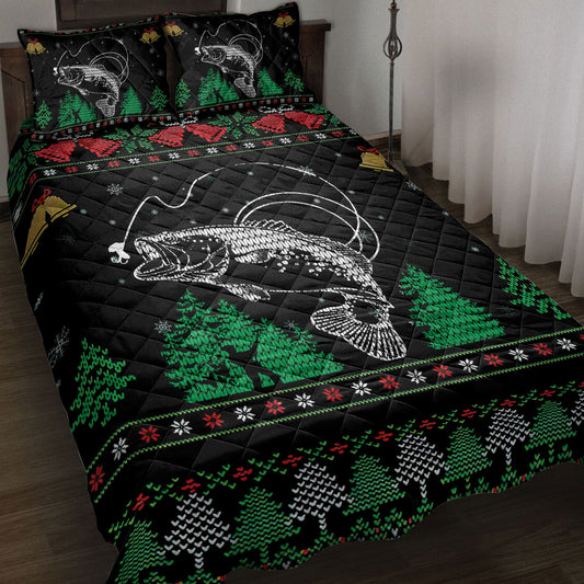 Fishing Quilt Set, Fishing Snowflake Bell Ugly Chrismas Quilt Blanket With Pillowcases, Quilt Bedding Set
