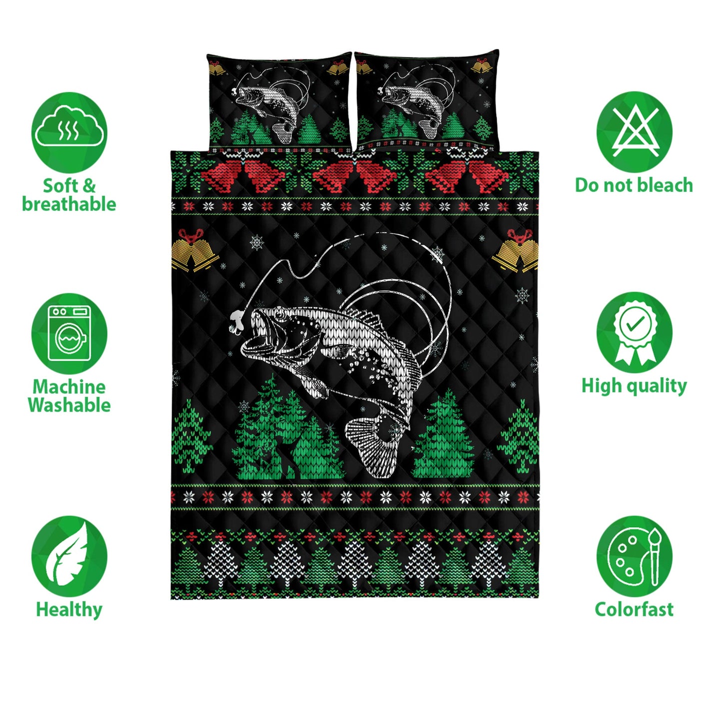 Fishing Quilt Set, Fishing Snowflake Bell Ugly Chrismas Quilt Blanket With Pillowcases, Quilt Bedding Set