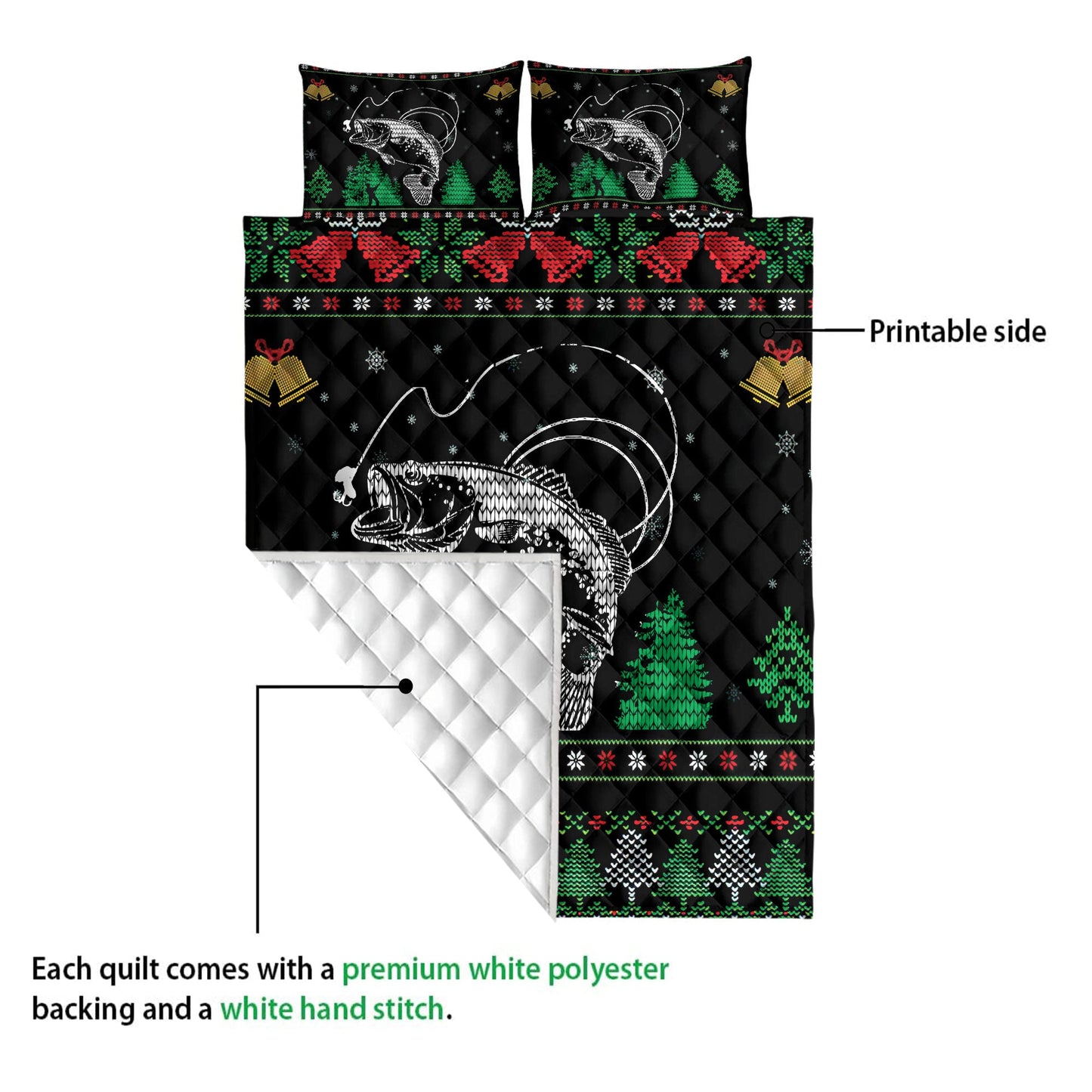 Fishing Quilt Set, Fishing Snowflake Bell Ugly Chrismas Quilt Blanket With Pillowcases, Quilt Bedding Set