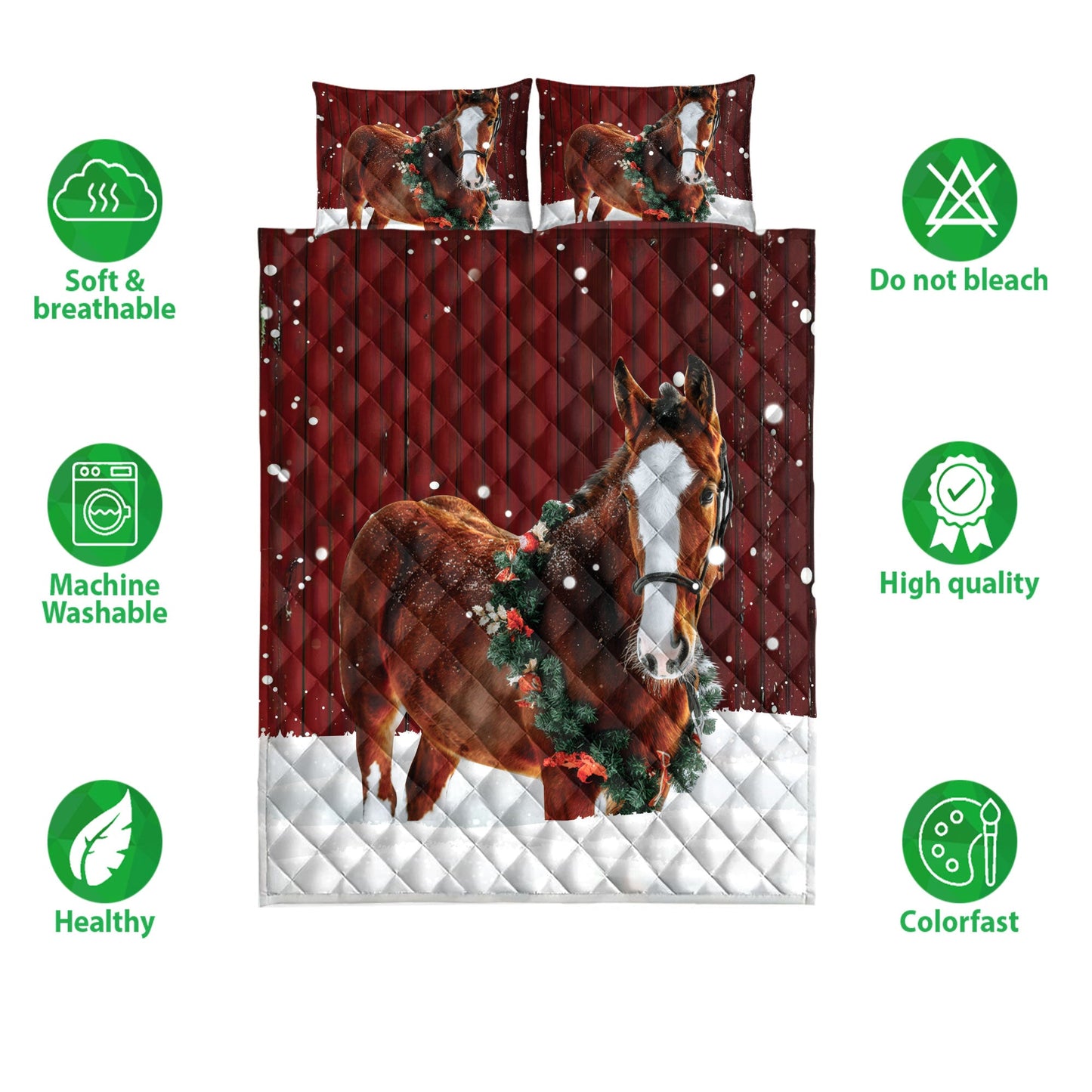 Horse Quilt Set, Horse With Wreathmas Farm Horse Quilt Blanket With Pillowcases, Quilt Bedding Set, Christmas Gift