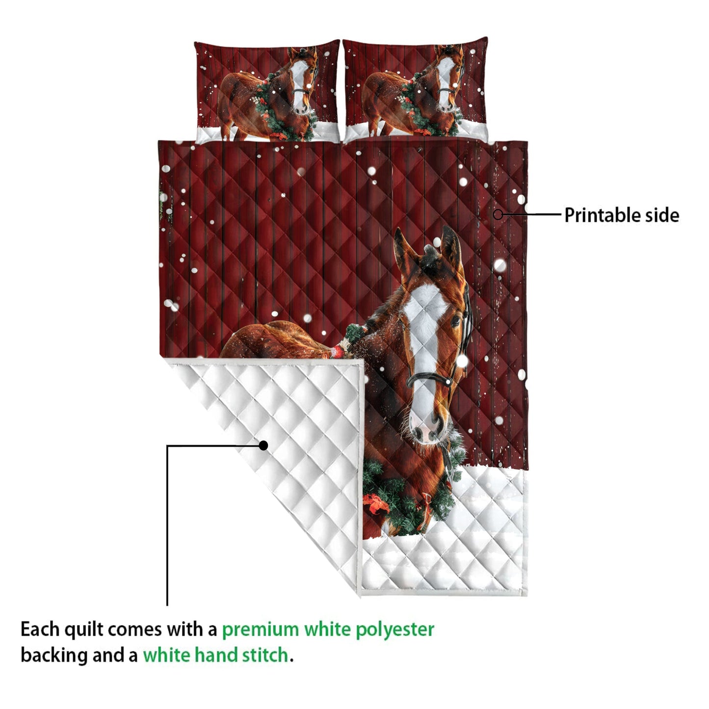 Horse Quilt Set, Horse With Wreathmas Farm Horse Quilt Blanket With Pillowcases, Quilt Bedding Set, Christmas Gift