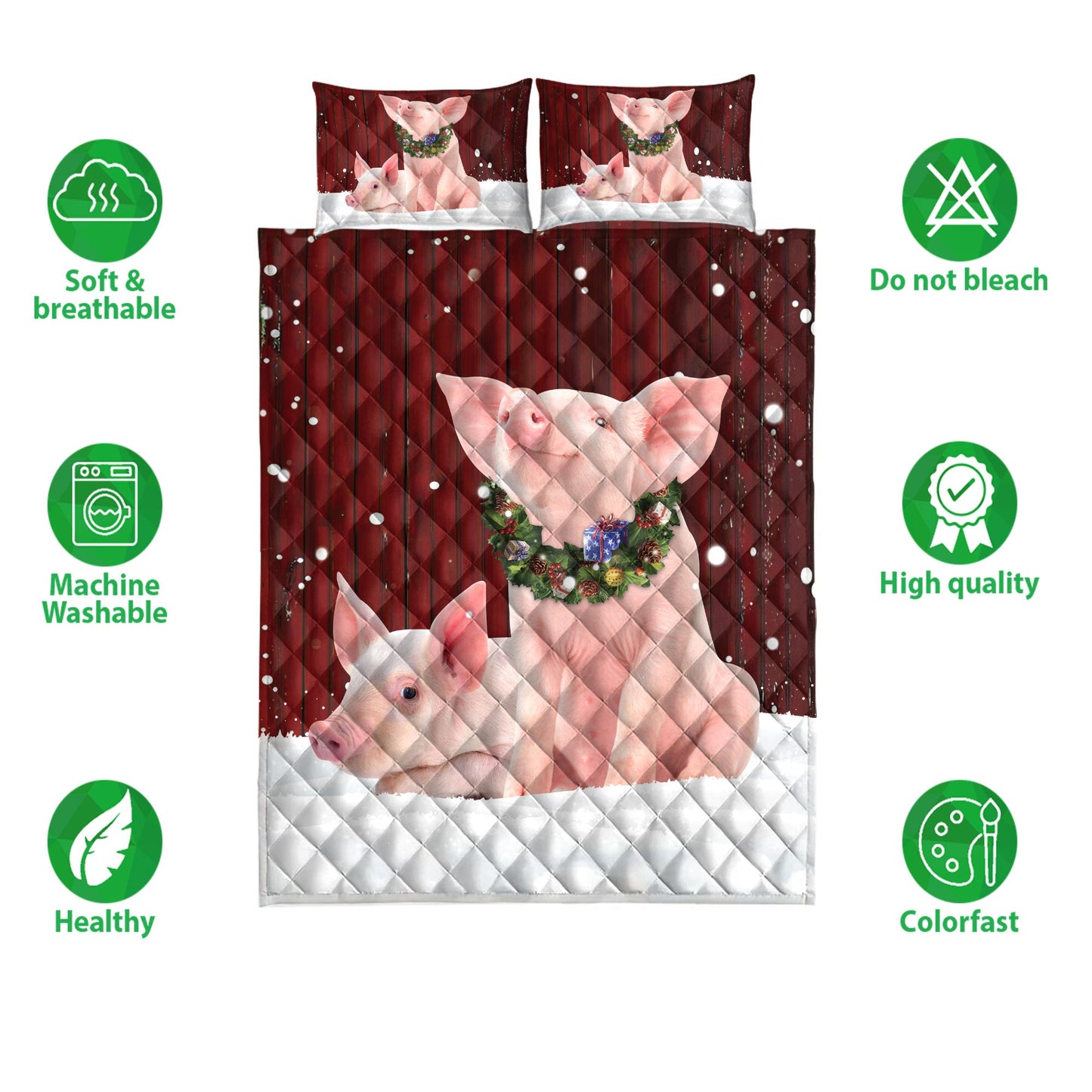 Pig Quilt Set, Pig With Wreathmas Farm Pig Quilt Blanket With Pillowcases, Quilt Bedding Set, Christmas Gift