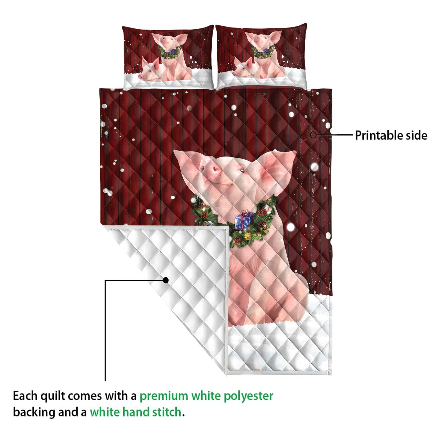 Pig Quilt Set, Pig With Wreathmas Farm Pig Quilt Blanket With Pillowcases, Quilt Bedding Set, Christmas Gift