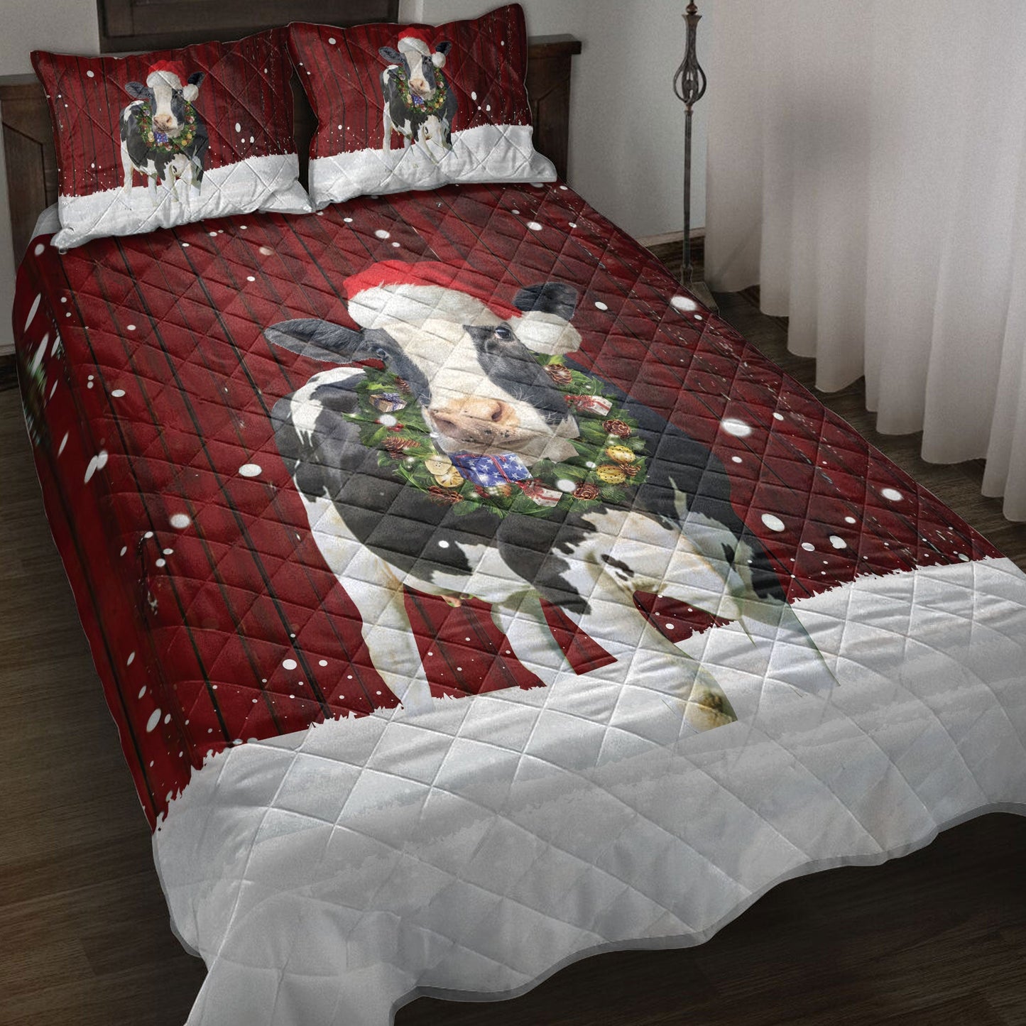 Cow Quilt Set, Cow With Wreathmas Farm Cow Quilt Blanket With Pillowcases, Quilt Bedding Set, Christmas Gift