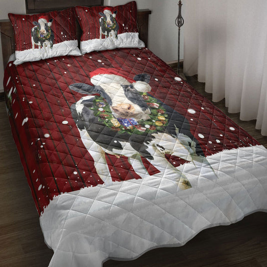Cow Quilt Set, Cow With Wreathmas Farm Cow Quilt Blanket With Pillowcases, Quilt Bedding Set, Christmas Gift