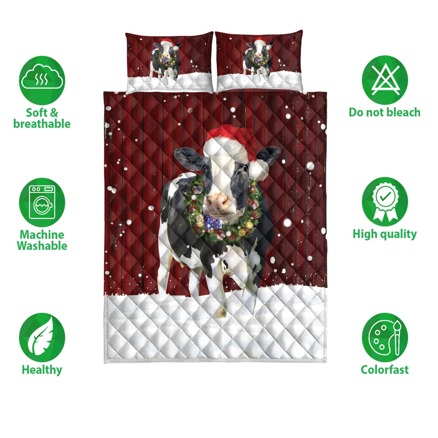 Cow Quilt Set, Cow With Wreathmas Farm Cow Quilt Blanket With Pillowcases, Quilt Bedding Set, Christmas Gift