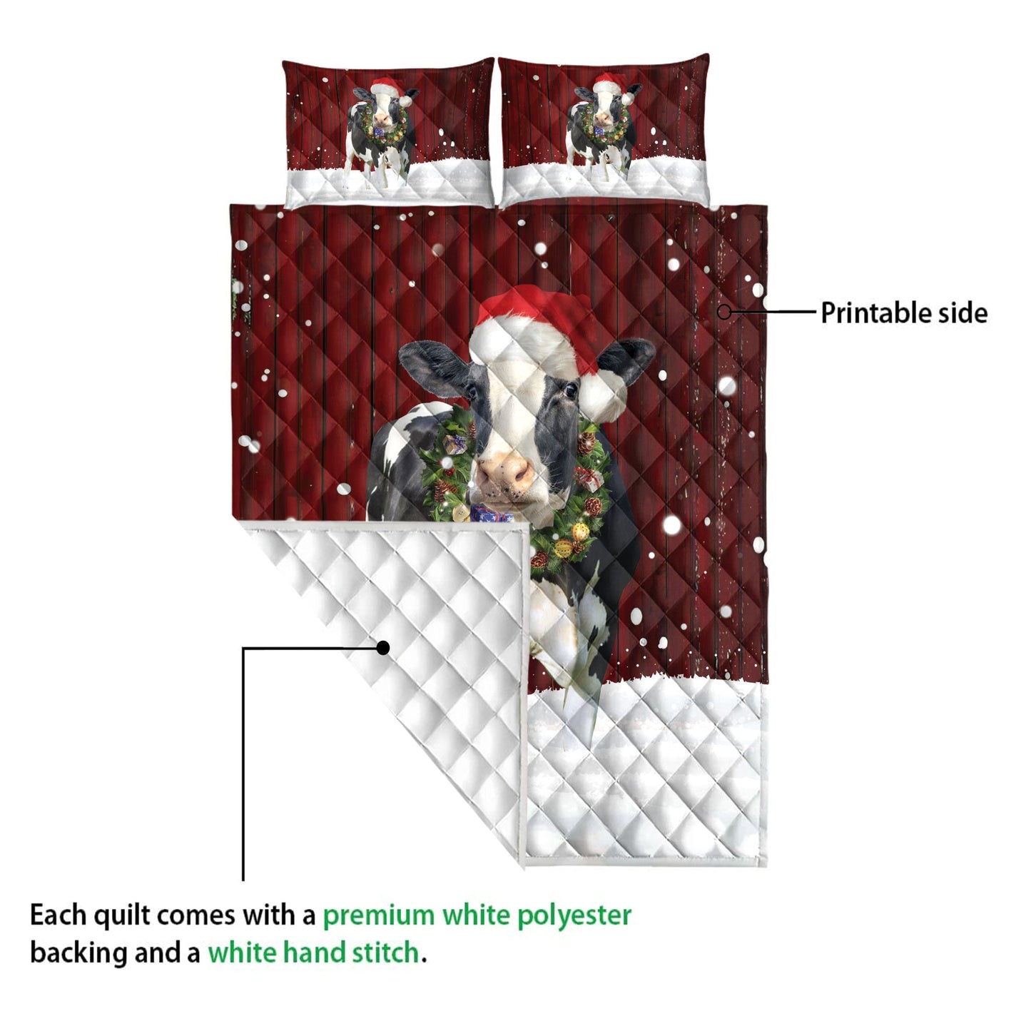 Cow Quilt Set, Cow With Wreathmas Farm Cow Quilt Blanket With Pillowcases, Quilt Bedding Set, Christmas Gift