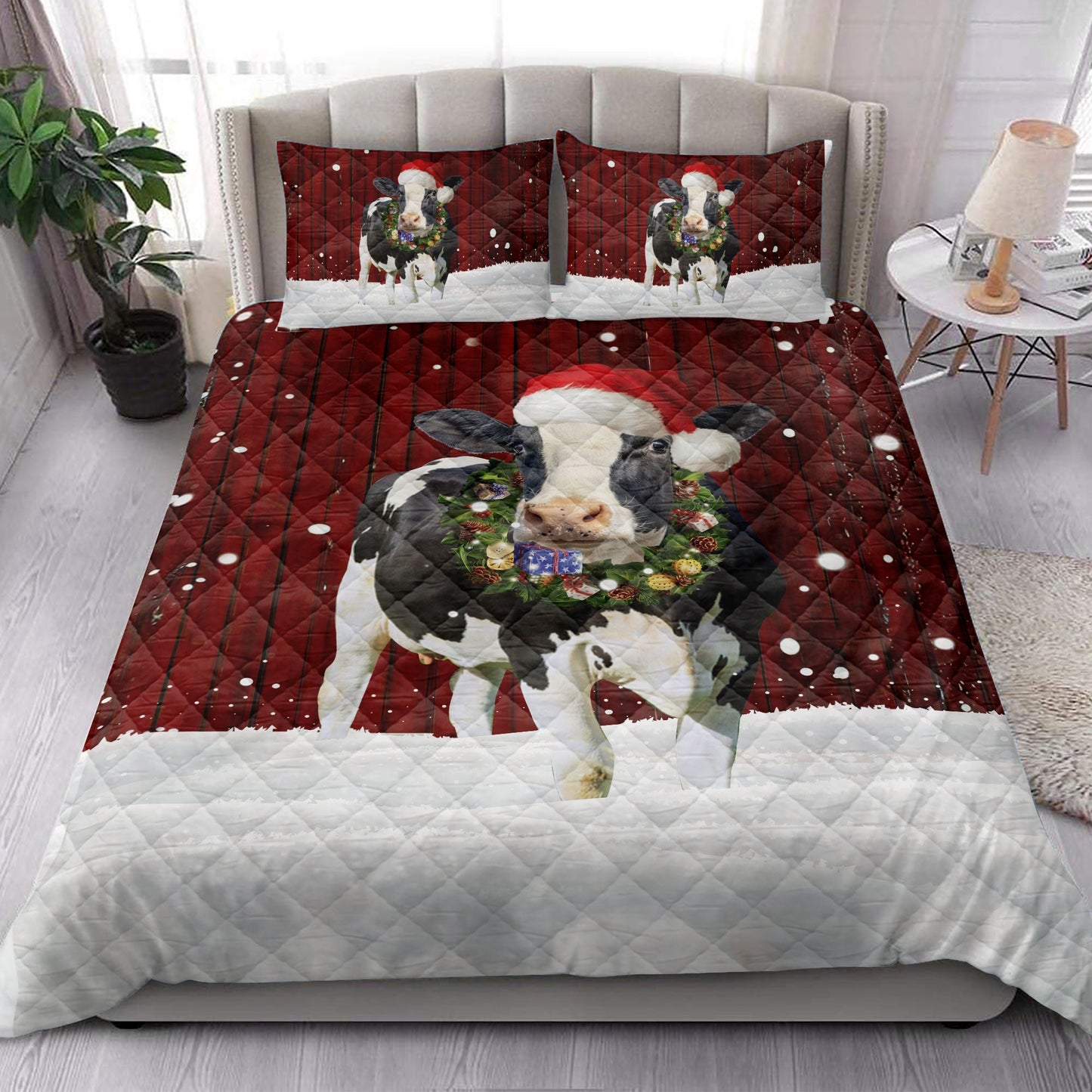 Cow Quilt Set, Cow With Wreathmas Farm Cow Quilt Blanket With Pillowcases, Quilt Bedding Set, Christmas Gift