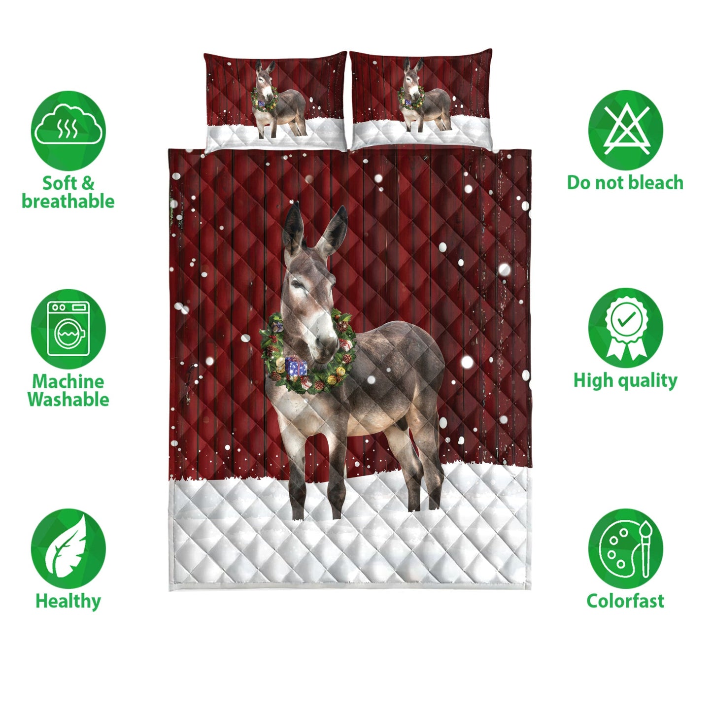 Donkey Quilt Set, Donkey With Wreathmas Donkey Quilt Blanket With Pillowcases, Quilt Bedding Set, Christmas Gift
