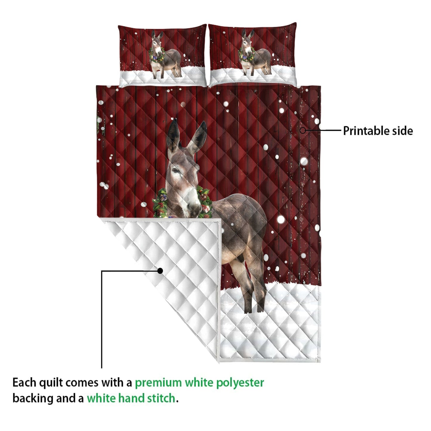 Donkey Quilt Set, Donkey With Wreathmas Donkey Quilt Blanket With Pillowcases, Quilt Bedding Set, Christmas Gift