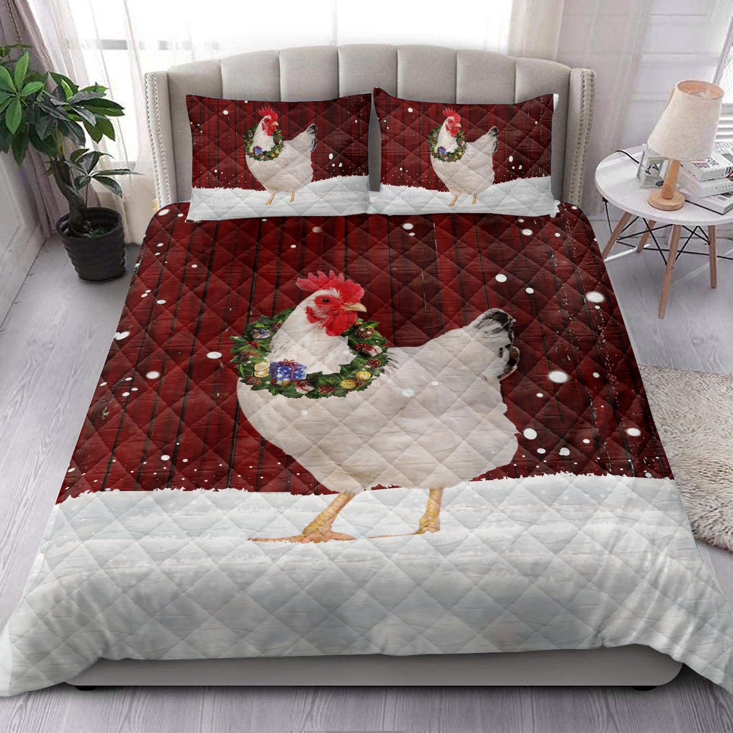 Chicken Quilt Set, Chicken Wreathmas Farm Chicken Quilt Blanket With Pillowcases, Quilt Bedding Set, Christmas Gift