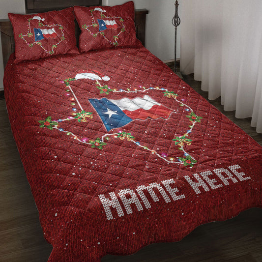 Personalized Texas Flag Quilt Set, Texasmas Hat String Lights Western Quilt Blanket With Pillowcases, Custom Name Quilt Bedding Set, Christmas Gift